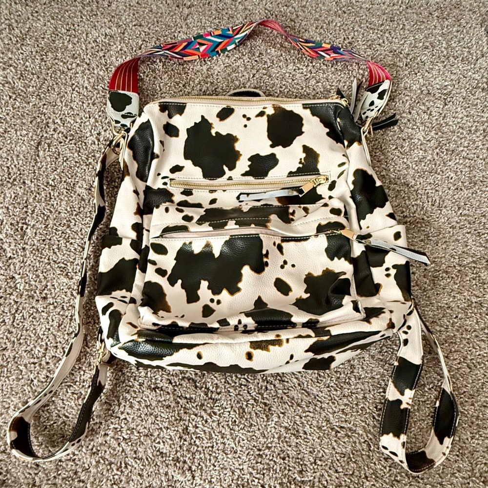 Cow Print Backpack Purse Womens Large Black White Convertible NWOT
